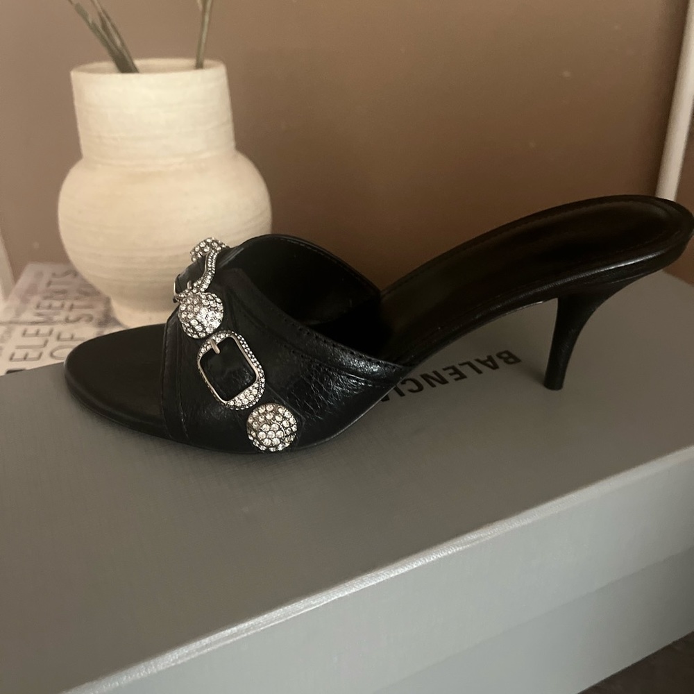 Black Balenciaga Sandal w/ Silver and Rhinestone detail